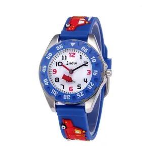 Blauwe Cartoon Band Brandweerwagen Patroon Jongen Kind Pols Sporthorloge Waterdicht Kinderhorloge