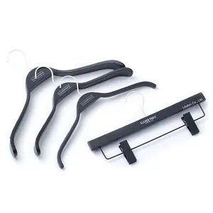 LINDON Clothes Store White Ink Printing LOGO Black Laminated Wood Garment Hangers with Pant Clips