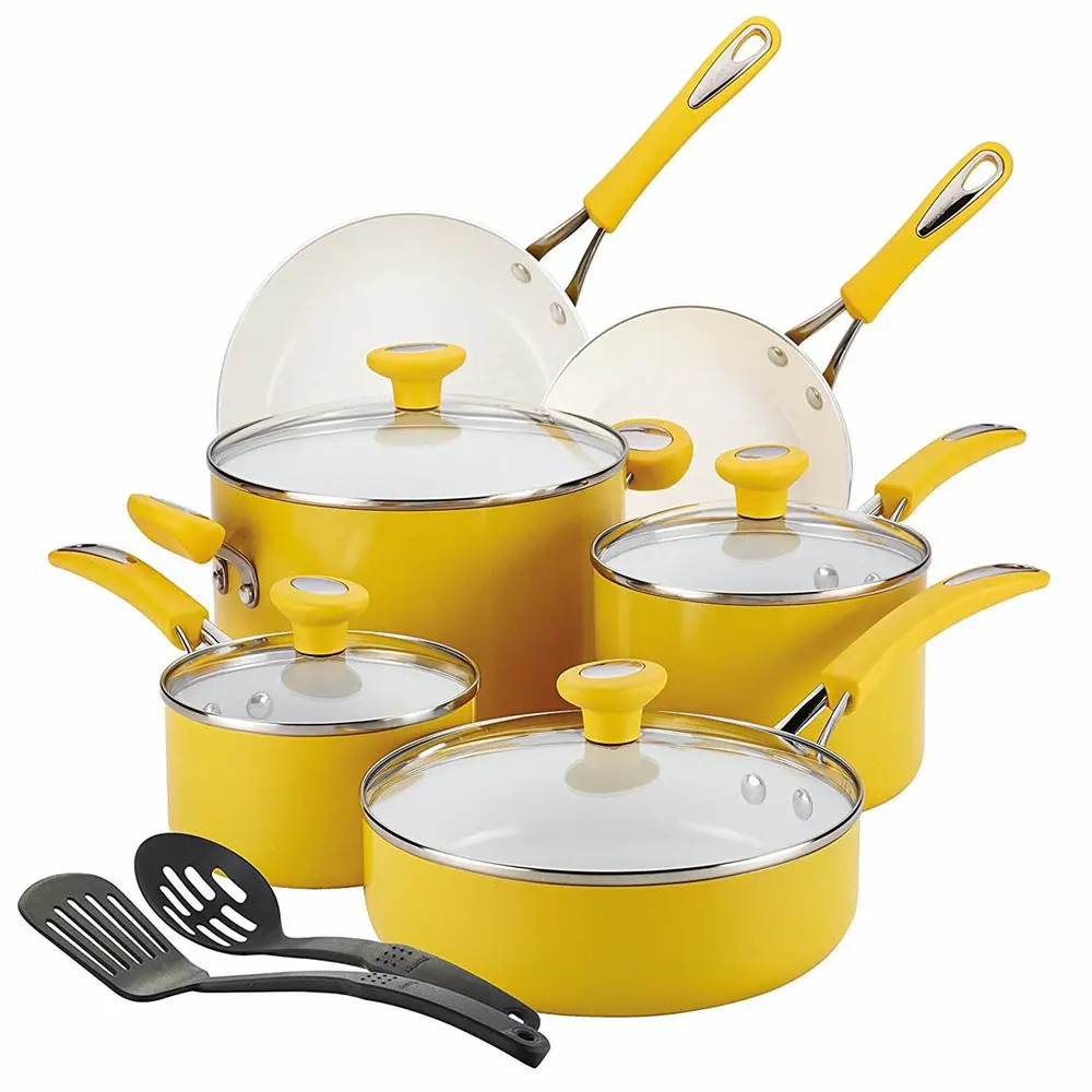 Thiết Kế Mới Nhôm 12 Cái Ép Cookware Pot Set Miễn Phí Dầu Và Thân Thiện Với Môi Gốm Cookware Sets Với SS Xử Lý Và Silicone