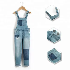 OEM China guangdong girls elastic washed denim suspender jeans trousers