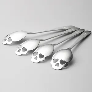 New Design Stainless Steel 304 Skull Shape Sugar Dessert Coffee Stirring Spoon with Hollow Heart