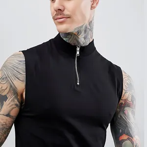 批发男士健身房无袖跑步运动风格 t恤肌肉适合衬衫与拉链龟脖子在黑色