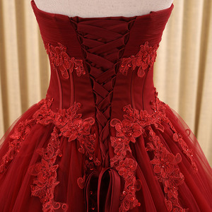 Verdadero RSM66168 encaje de tul encaje hasta los vestidos de novia sin tirantes nupciales vestido de bola de Borgoña - Product Image 5