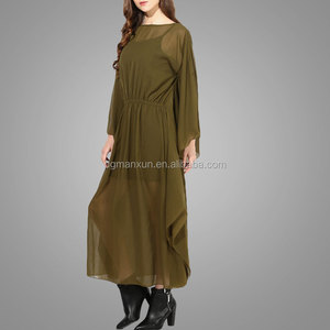 Más el tamaño de color verde oliva de manga larga kimono vestido vestido maxi de la gasa de cuello <span class=keywords><strong>alto</strong></span> ocasional - Product Image 2