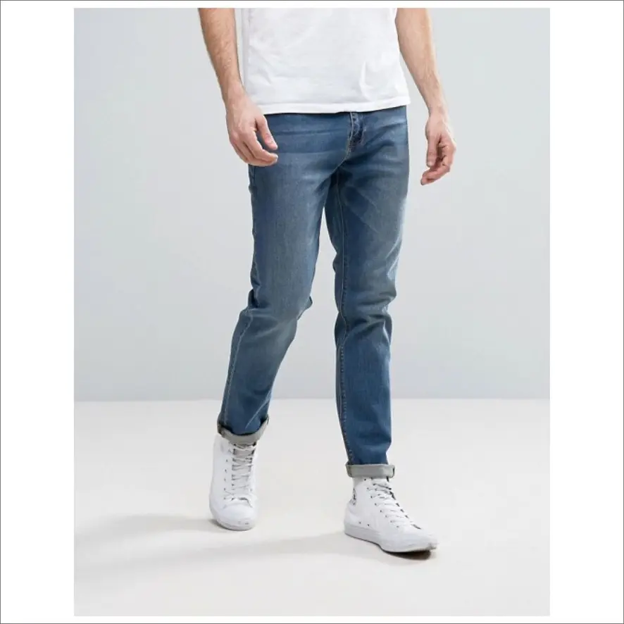 Custom Men Cotton Pantalones Fashion Europea High Quality Blue Men's Patch Jeans Tapered Wrinkle Denim Pants