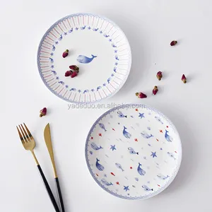 Ceramic 20cm cartoon fish painting dish porcelain kitchen ware fancy dessert rice flat plate for restaurant