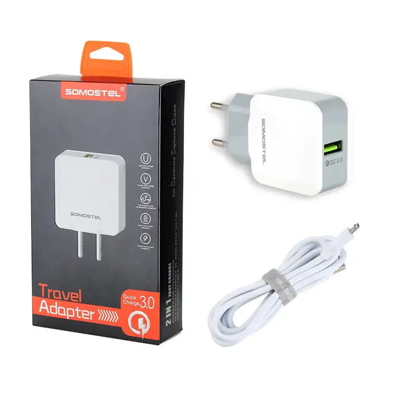 High Quality US EU UK Plug Portable Cell Phone fast Charger for multiple phone QC3.0 adapter USB Charger with cable