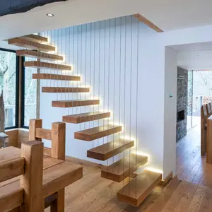 Casa Piso de Carvalho Vermelho Flutuante Cantilevered Escadas Escada com Corrimão De Vidro Temperado Frameless