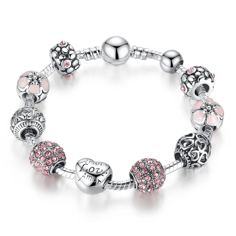 Qings Sterling versilberte Armbänder mit rosa Zirkon Schmuck Mode Armbänder Perlen Schmuck Armband