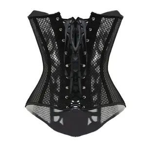 Korsetten En Bustiers Tops Plus Size Mesh Zwart Wit Brocade Corset Bovenborst Lace Up Clubwear Staal Bone Corselet