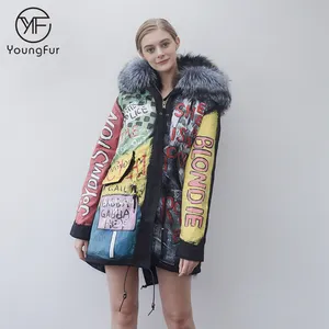 Nuevo abrigo con capucha de piel de zorro plateado para mujer, Parka de piel Doodle para invierno