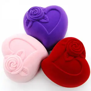 High-grade custom made cheap rose flower and heart love shape velvet ring jewelry boxes wholesale