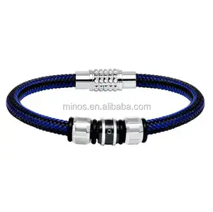 Wholesale 2016 Men's Fashion Cambridge Stainless Steel Blue Corded Beaded Bracelet