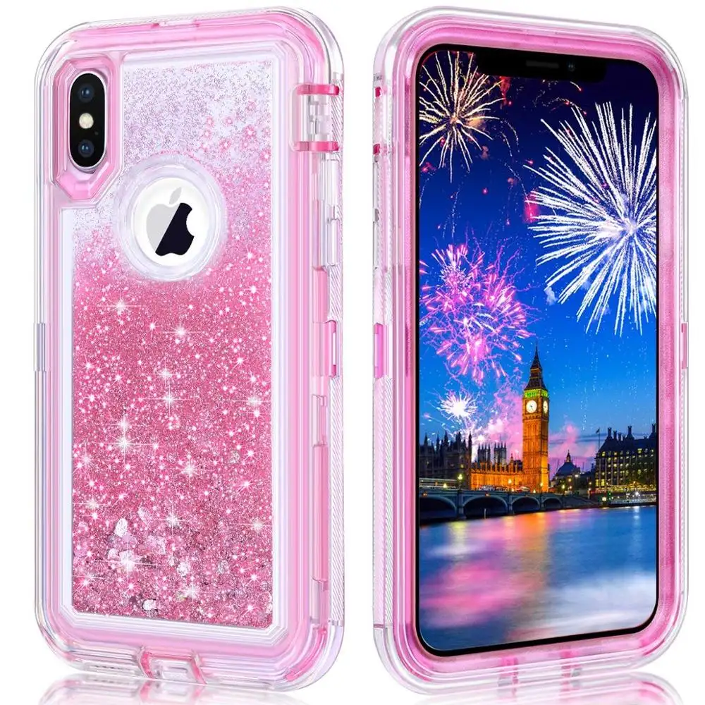 for iPhone 14 13 pro max Cover 3-Layer Quicksand Luxury Glitter Bling Fancy Cell Phone Case Shockproof Bumper with Clip