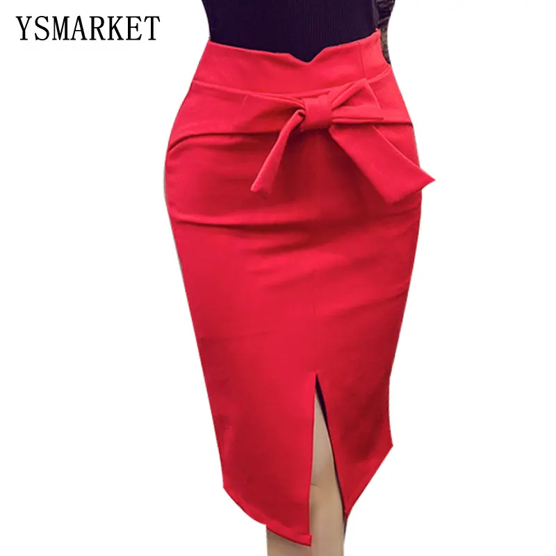 Women Pencil Skirt Plus Size Autumn Winter New Fashion Knee Length High Waist Casual Bodycon Skirt Elegant Open Slit Bow Skirt