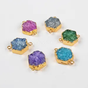 Quartz agate druzy hexagon stone connectors,18k gold plated druzy beads bracelet jewelry with double bails