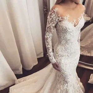 2020 Nuovo di Stile Della Sirena Bianco Corte Dei Treni Appliques Del Merletto abito da sposa