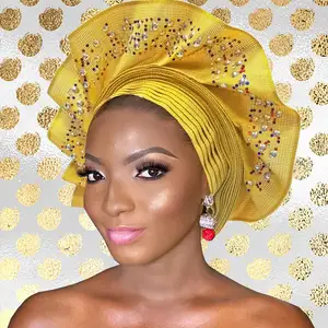 Модный золотистый свадебный головной убор Queency для Африканской Нигерии Aso Ebi