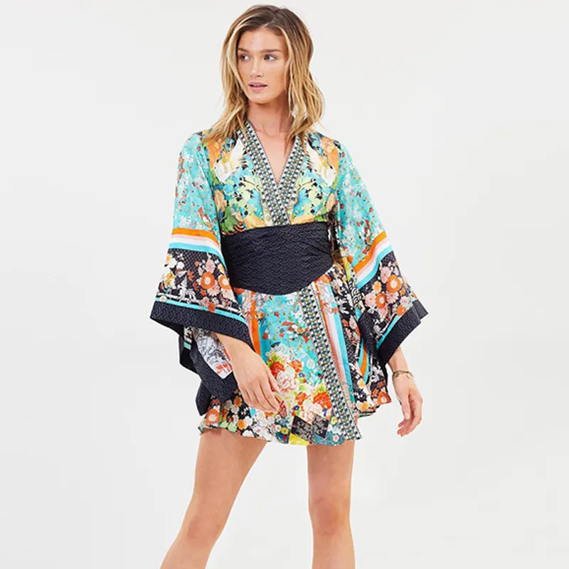 Lancai vestido kimono feminino, chiffon elegante casual floral seda kimono midi para mulheres