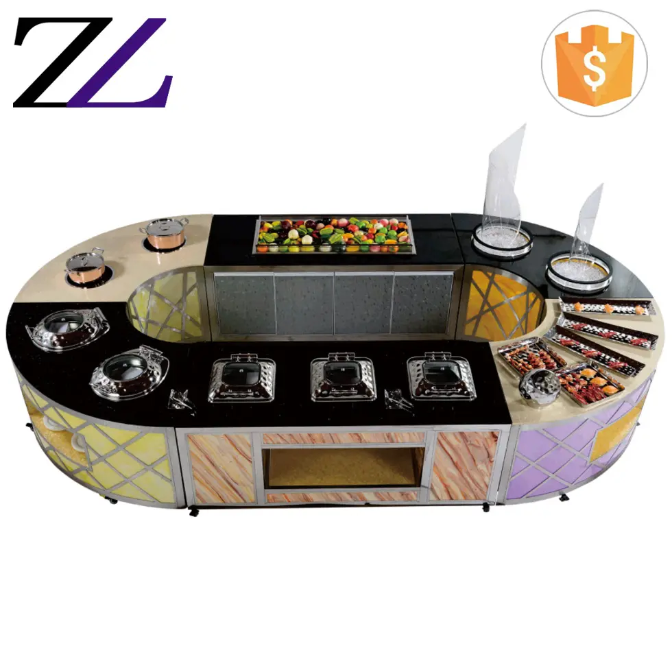 Modern design carving buffet stations movable led light decoration induction food display warmer restaurant bar buffet counter