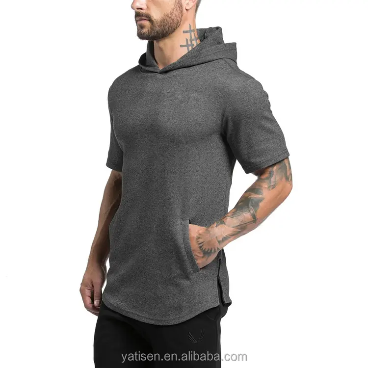 Wholesale custom hoodies distressed curved hem tall men's short sleeve hoodie