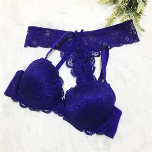 Best Verkopende Hoge Kwaliteit Kant Bralette Blauw Geborduurd Tweedelig Lingerie Bh En Panty Set Voor Vrouwen