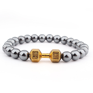 regalo Al Por Menor para hombre nueva aleación de metal Barra Dumbell y <span class=keywords><strong>Roca</strong></span> de lava piedra perlas de fitness moda pulseras - Product Image 2