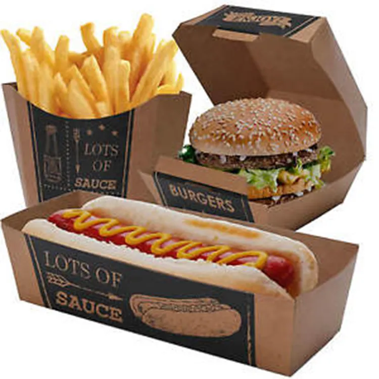 Custom Wegwerp Kraftpapier Verpakking Fast Food Afhalen Te Gaan Hamburger Hot Dog Gebakken Kip Voedsel Doos