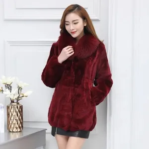 Medium Lange Rex Kaninchen Pelz Mantel Herbst Winter Frauen Jacke Fuchs Pelz Kragen Oberbekleidung