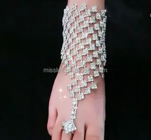 De moda exótica de diseño de cristal tobillo tobilleras de plata para las mujeres con la rombo diamante