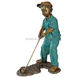 life size garden landscape decoration sculpture bronze boy playing golf statue for outdoor park