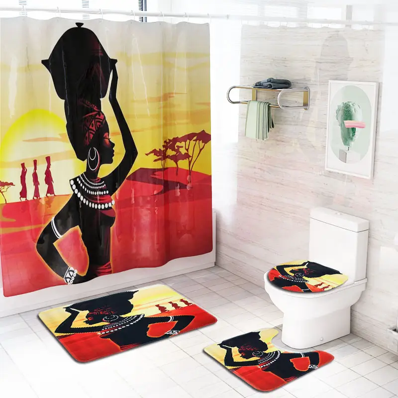 Listo para enviar a las mujeres africanas 3 pcs baño alfombra de juegos 1pc ducha cortina para la decoración del cuarto de baño