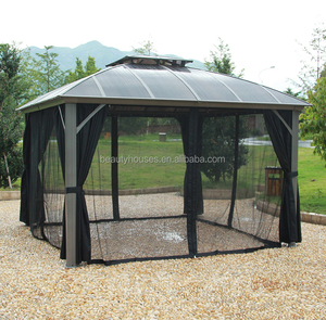 Gazebo d'extérieur en aluminium avec structure renforcée en fer, toit rigide en polycarbonate, imperméable, pour patio, jardin, protection solaire, anti-pluie et moustiquaire naturelle - Product Image 2