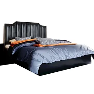Moderno de madera de rey tamaño de cuero negro forma curva de almacenamiento cama más barato negro cama de cuero con buena calidad real cama doble