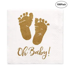 Hot Baby Shower Napkins Oh Baby Beverage Napkins 3Ply Gold Feet White Paper Cocktail Napkins for Boy and Girl Baby Shower by Gi
