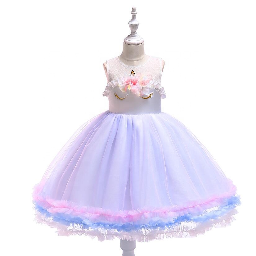 Girls Unicorn Dress Children Summer Birthday Party Net Yarn PengPeng Princess Dress