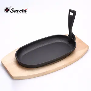 Cast Iron Sizzler Hot Serving Dish Pan with Wooden Stand