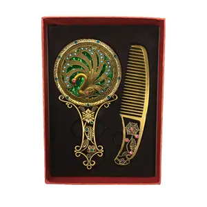 Wholesale Promotion Gift Handheld Bronze Hollow Out Cosmetic Makeup Decorative Comb Mirror Set