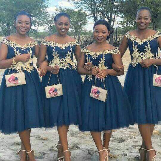 Ball Gown Navy Blue Lace Tea Length Dress Navy Blue Bridesmaid