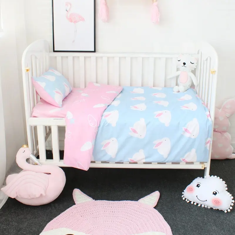 Parure de lit personnalisée avec imprimés de lapin rose, 100% coton, pour bébés garçons et filles, ensemble 3 pièces