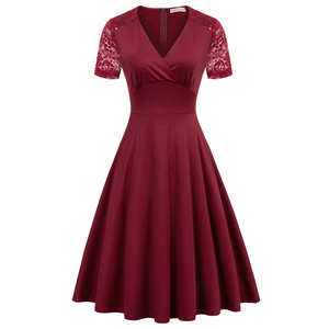 DEBP0023 femme Manches Courtes Surplis Col En V Dentelle Patchwork Évasé <span class=keywords><strong>Robe</strong></span> Trapèze - Product Image 4