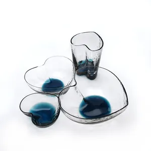 Wholesale creative heart shape clear/blue glass plate sauce fruit dish bowl glass dessert plate fruit tray new