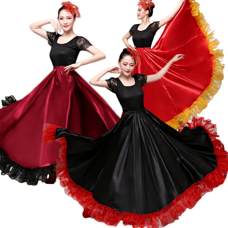स्पेन नृत्य वेशभूषा जिप्सी का रोमांस स्कर्ट बॉलरूम महिलाओं साटन पोशाक जिप्सी लाल स्टेज पहनें प्रदर्शन स्टेज शो कॉस्टयूम