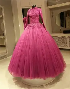 FA105 Muslim Fuchsia Màu Wedding Dresses A Line Cao Cổ Tay Áo Dài Đính Ren Cộng Với Kích Thước Bridal Gowns Hình Ảnh Thật