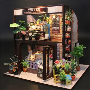 홍다 신제품 커피 숍 인형 집 장난감 어린이 가구 3D diy 미니어처 키트 어린이를위한 인형 집 놀이