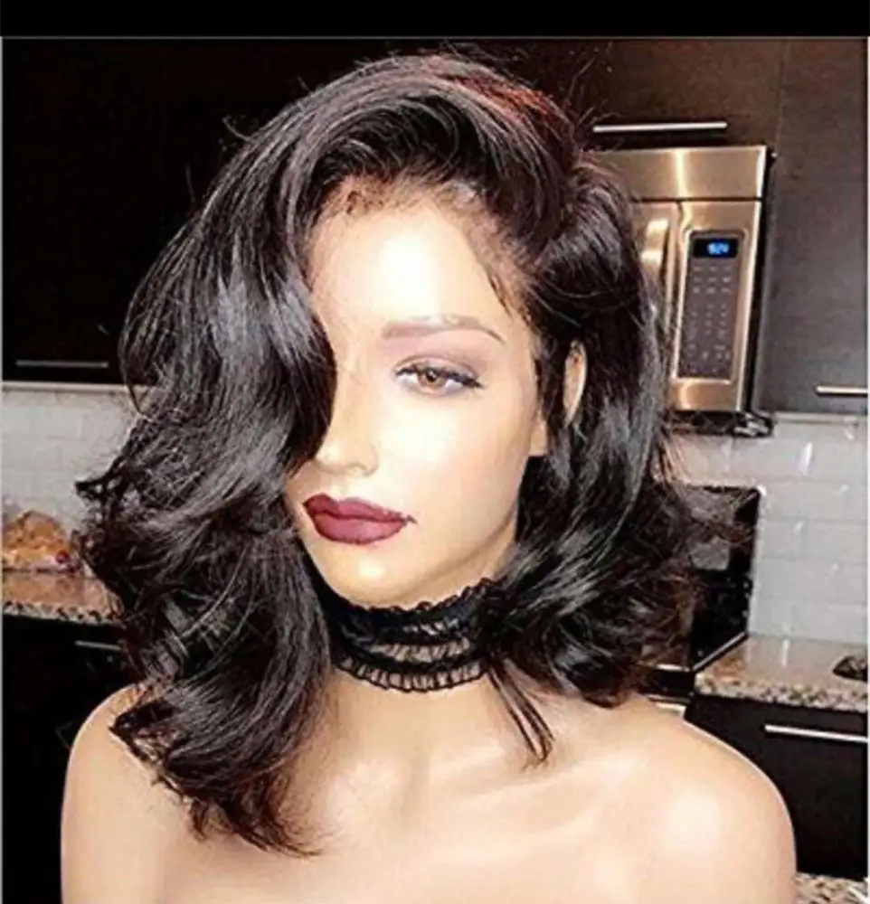 Side part Brazilian Lace Front Human Hair Wigs Bob hairstyle 150 Density Remy Hair Short Wavy Lace Front Wigs Full End