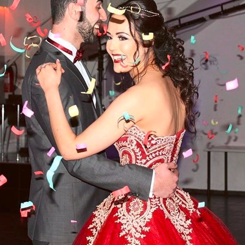 Turkish Gold Appliques Lace Burgundy Ball Gown Wedding Dress for Plus Size  Brides - Custom Sizes Available