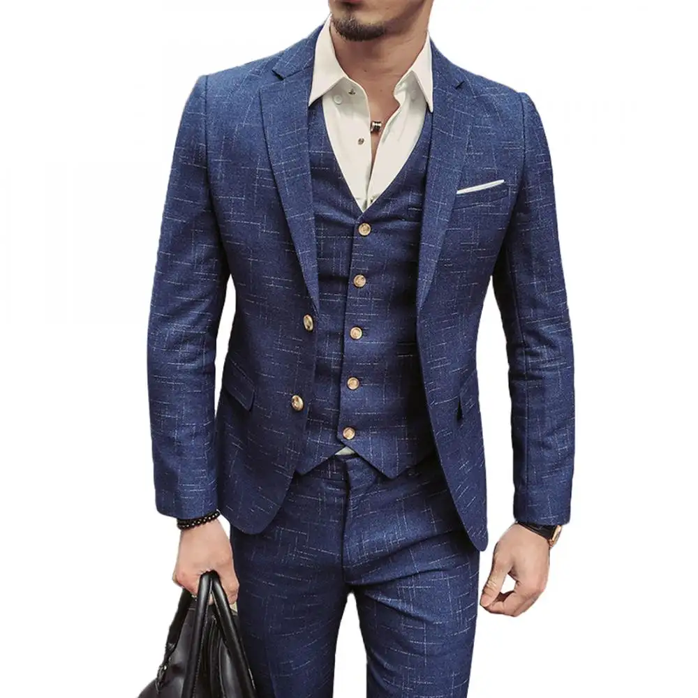 Spandex traje masculino de poliéster, terno masculino de negócios, estampado, xadrez, azul, barato