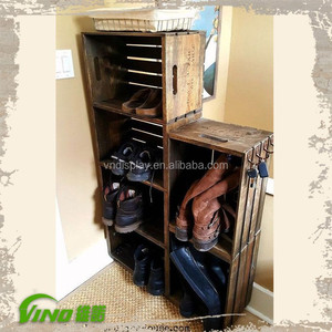 Handmade <b>Rustic</b> Wood <b>Shoe</b> Box <b>Rack</b>, Basic Wooden Crates Display <b>Racks</b> with hooks,Led Light High Heel <b>Shoes</b> Store Design Stand - Product Image 1
