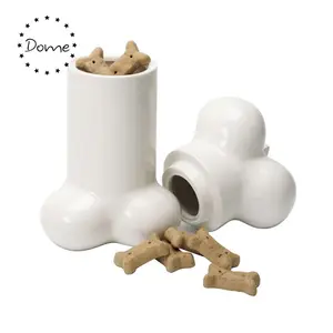 Novelty Bone Shaped White Pet Food Container Cat Food Storage Ceramic Dog Treat Jar